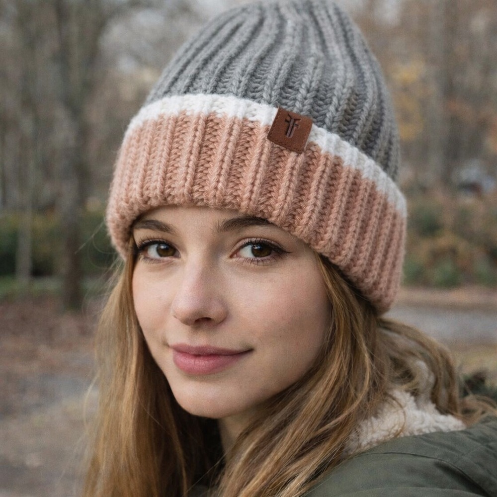 Frye Knitted Beanie Hat Colorblock Dusty Pink Grey White 66-68